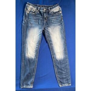 Miss Me Denim Blue Ankle Jeans 29 Mid Rise Skinny Pants Distressed Back Logo